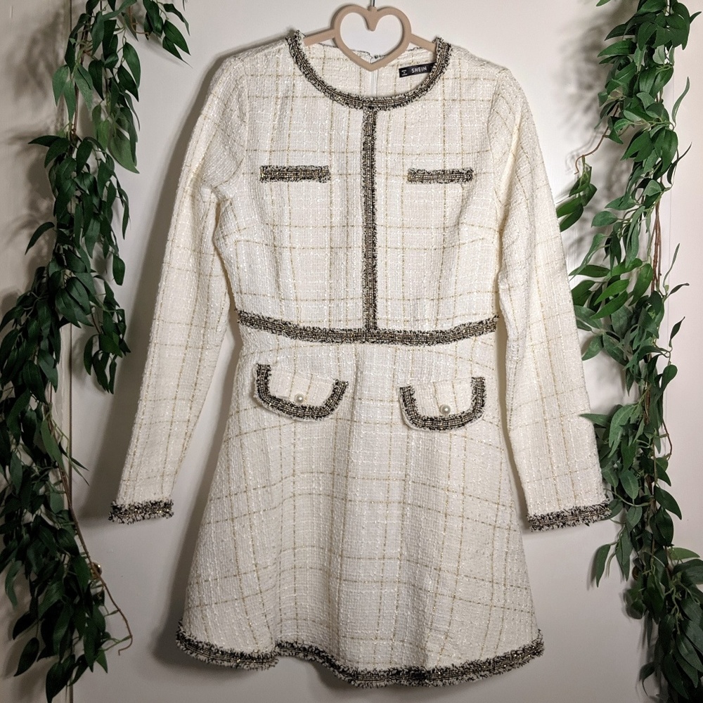 Shein Tweed Grid Pattern Long Sleeve Dress EUC